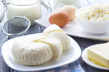 Dairy products curd cheese Milk Yogurt natural products wood background
