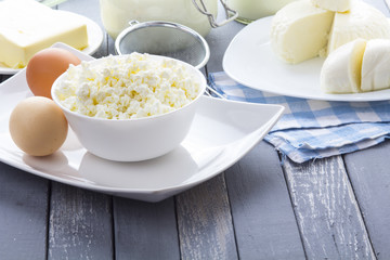 Dairy products curd cheese Milk Yogurt natural products wood background
