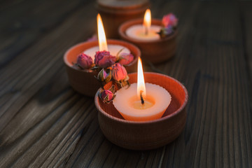 Obraz na płótnie Canvas Peach small candles in wooden cups with dried flowers