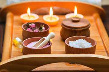  spa accessories. Sea salt in wooden jars. Tools for relaxation. Tools for the aromatherapy