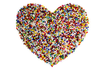 Colorful beads, heart shape space isolated on white background.
