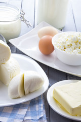 Dairy products curd cheese Milk Yogurt natural products wood background
