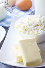 Dairy products curd cheese Milk Yogurt natural products wood background
