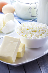 Dairy products curd cheese Milk Yogurt natural products wood background
