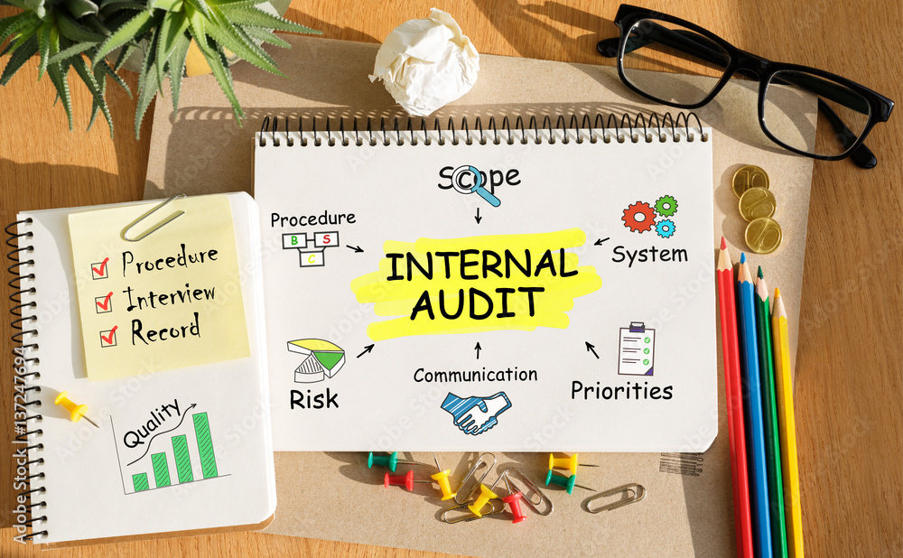 Poster notebook with toolls and notes about internal audit
