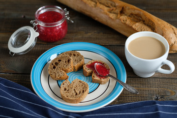 coffee slices of baguette with jam