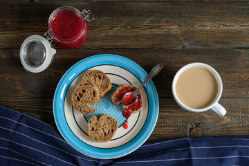 coffee slices of baguette with jam