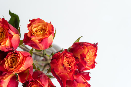 High angle view of red and orange roses in glass vase on white table (selective focus)