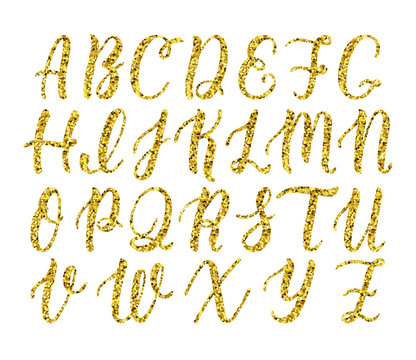 Hand drawn latin calligraphy brush script of capital letters. Gold glitter alphabet. Vector