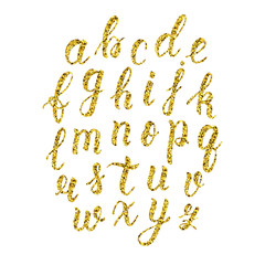 Hand drawn latin calligraphy brush script of lowercase letters. Gold glitter alphabet. Vector