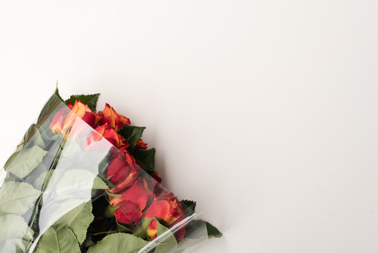 High Angle View Of Red And Orange Roses Wrapped In Clear Cellophane On White Table