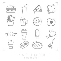 Set of line fast food icons. Flat style. Coffee, hamburger, pizza, sandwich, fried potato, tea, donut, egg, grilled sausage, beer, ice cream, chicken, hot dog, tacos, sushi roll