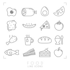 Set of line daily food icons. Flat style. Fried egg, sausage, boiled egg, cheese, sandwich, pizza, tomato, chicken leg, cup of tea, bread, egg, fish, bacon, cake, apple