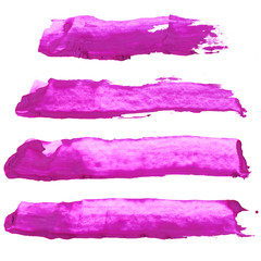 Set of magenta, purple, pink, lilac watercolor hand painting brush stroke textures. Collection of grunge design elements isolated on white background. Gouache, acrylic art abstract illustration.