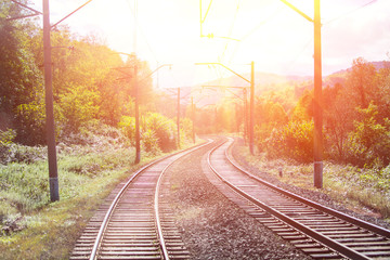 The high mountain railway road in the sunny day, Caucasus nature, travel and ecological concept