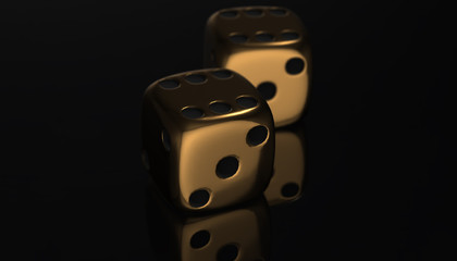 3d golden poker two dice, reflection on black background, 3d render