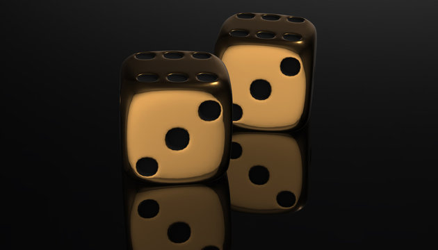3d golden poker two dice, reflection on black background, 3d render