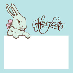 Easter postcard with graphic bunny wearing a bow holding a white sheet of paper. Happy Easter lettering and free space for text message. Vector illustration.