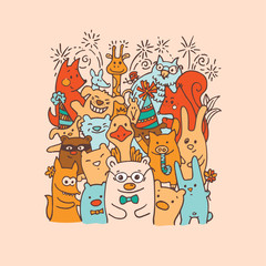 Free hand drawing of group of joyful animal friends
