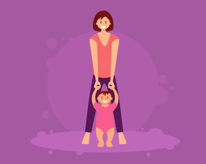 Mother learns child to walk. Flat design. Vector illustration