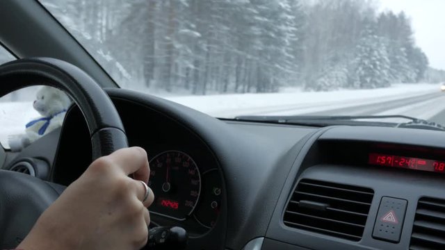 Driving with taddy the winter road. Very low temperature on car board