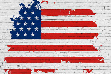 united states of america flag on white brick wall background, splash painted with watercolor effect