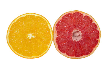 Cut slices of orange, pink grapefruit isolated on white background.