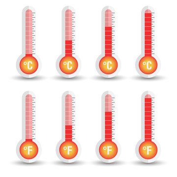 Celsius and Fahrenheit thermometers icon with different levels. Flat vector illustration isolated on white background.