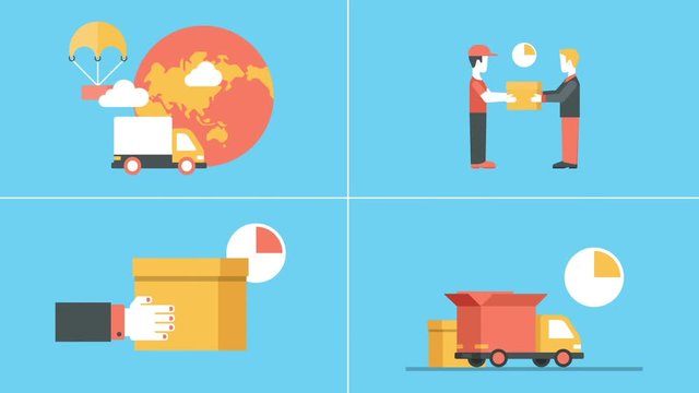 Flat logistics and delivery in out animated icons with alpha channel. Complex shipping solutions, ground, hand-deliver, on time guaranteed shipping concept.