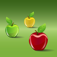 The set of red, green and yellow apples on green gradient background, vector illustration
