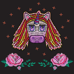 Embroidery cute pattern with fantasy unicorn. Vector trend animal ornament with  stars and rose flowers on black background for design.