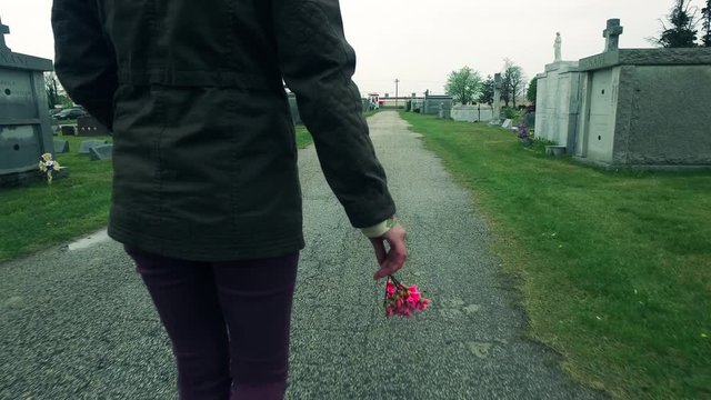 Visiting Headstone at Cemetery and Mourning or Remembering