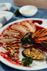 Grilled vegetables and chicken fillet. Traditional cuisine. Gril