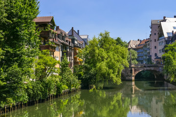 Fototapeta na wymiar Bridge, Pegnitz River, Nuremberg, Middle Franconia, Franconia, Bavaria, Germany, Europe