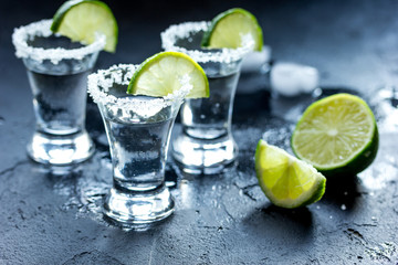 Tequila shot with salt and ice on dark background