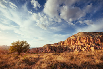 Unique geological formations in valley in Cappadocia
