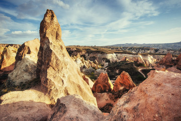 Unique geological formations in valley in Cappadocia