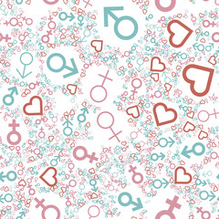 Male female heart symbols seamless pattern. Abstract feminine and masculine signs. Love concept vector illustration.