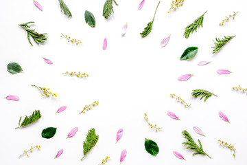 Froral pattern on white table background top view mockup