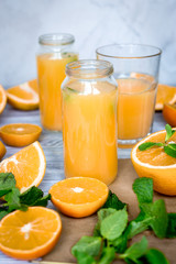 Fototapeta na wymiar healthy morning with orange juice in bottle on kitchen background