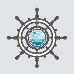 image of ship helm and porthole with sea waves