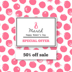 Dicount in 8 March. Sales in the Women's Day. Pattern with pink round stain. Happy holiday. Repeating background with spots. Flyer, advertising. Vector illustration, eps10
