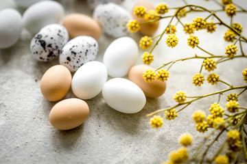 Easter card with eggs and flower on light background