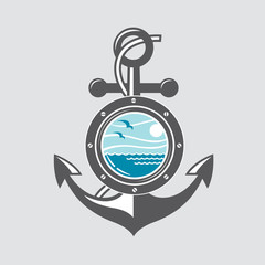 image of ship anchor and porthole with sea waves