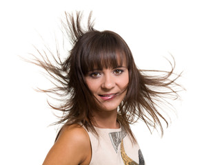 Girl Portrait with Long Blowing Hair isolated on white background