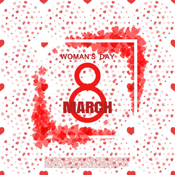 Vector 8 of March Woman's Day on the white background with heart pattern, white frame and flowers.