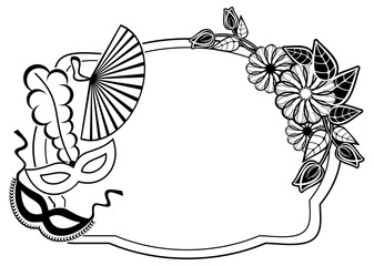 Black and white silhouette frame with carnival masks. Vector clip art.