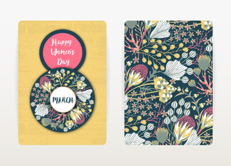 8 march. Happy Women's Day. Spring holiday. Card design with floral pattern. Hand drawn creative flowers. Colorful artistic background with blossom. Size A4. Vector illustration, eps10