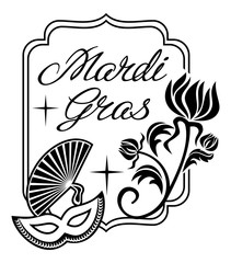 Silhouette frame with carnival masks and artistic written text "Mardi Gras".