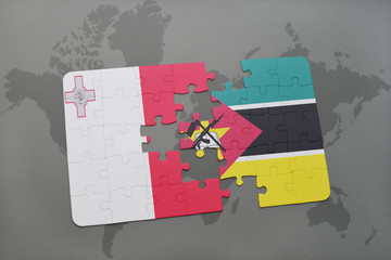puzzle with the national flag of malta and mozambique on a world map